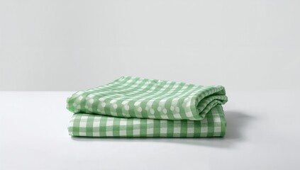 Green polka dot checkered napkin tablecloths on white background, serving as a backdrop for design elements, Earth Day
