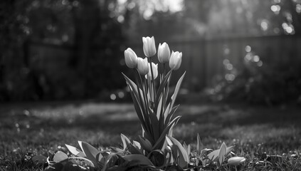Monochrome tulips growing in a backyard garden, used as a UI backdrop, World Tulip Day