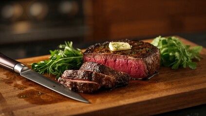Juicy ribeye steak cooked medium rare with herb butter, served on cutting board, highlighting culinary presentation and flavor profile
