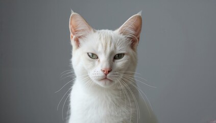 Close-up of a white cat with half-closed green eyes on a neutral gray backdrop, illustrating feline calmness