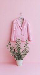 A pink blazer hangs on a hook above a potted plant.
