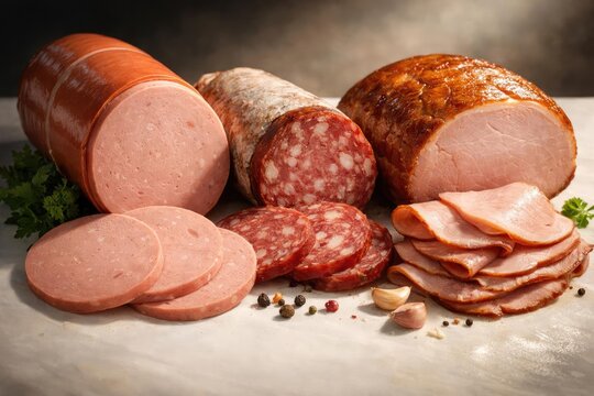 Cooked meat sausage varieties such as bologna salami and ham laid on white surface