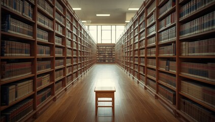 Blurred wide shot of a public library aisle with a reading step stool, used as an editorial header background, International Literacy Day