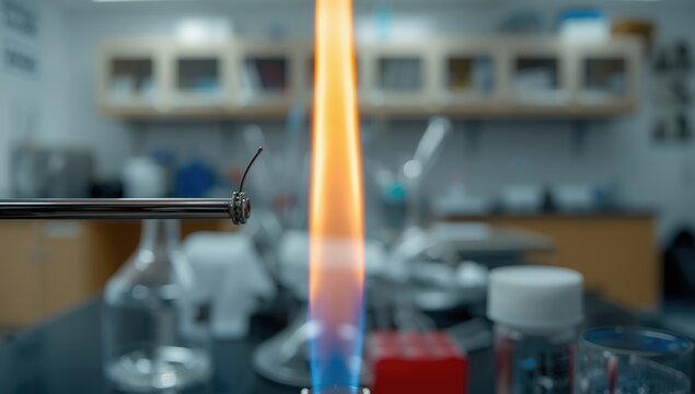 Laboratory scene showing an inoculation loop being sterilized with a Bunsen burner, highlighting microbiology practices
