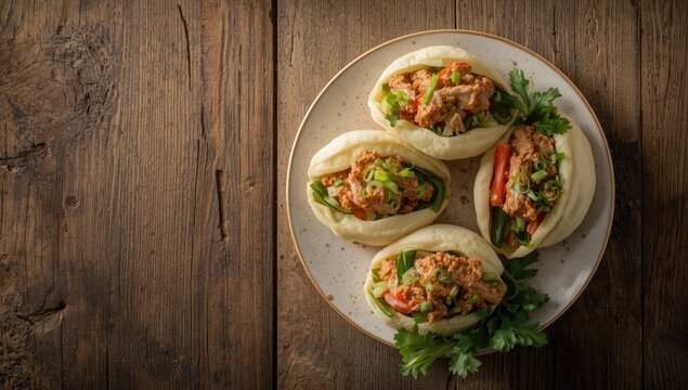Chicken-filled bao buns with fresh onions and vegetables, highlighting processed meat considerations in a food styling backdrop