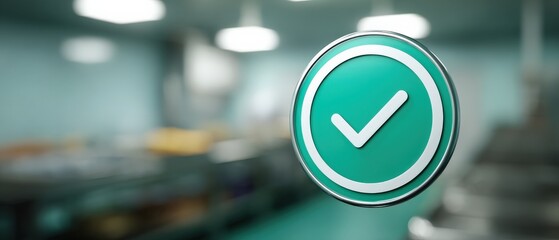 Green checkmark icon on a metallic circle, symbolizing approval, success, and completion in a modern, blurred office environment