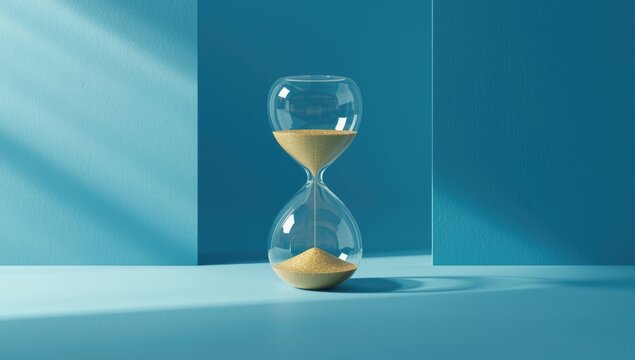 Sand timer with flowing golden sand on a blue paper backdrop, highlighting time tracking and efficiency