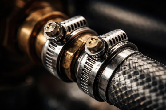 Macro image showing metal hose clamps in plumbing with a gently blurred background