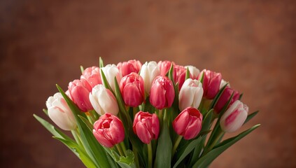 Obraz premium Vivid tulip bouquet on a brown backdrop, ideal for floral layout or botanical pattern use