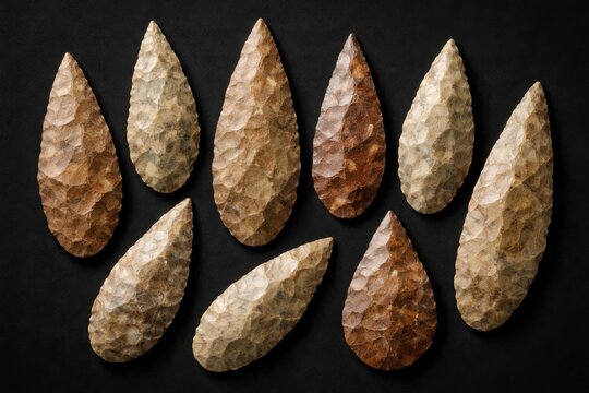 Prehistoric quartzite spearheads exemplifying Acheulean craftsmanship displayed on black backdrop
