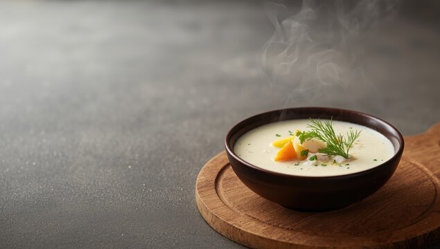 Fish chowder soup with creamy texture in a bowl, highlighting quality control in food preparation