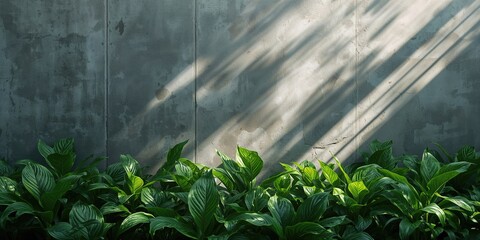 Sunlit leaf shadows casting patterns on a concrete wall with shaded green foliage, ideal for background or UI backdrop