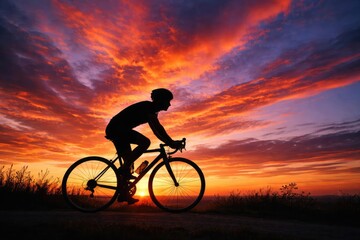 Obraz premium Cyclist in full silhouette riding beneath a spectacular sunset glow