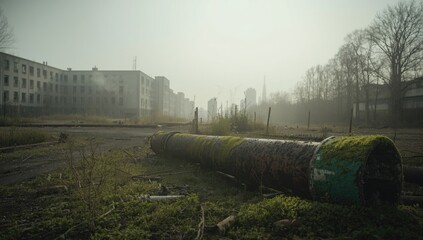 Decommissioned pipes in Pripyats abandoned cityscape within the Chernobyl Exclusion Zone, highlighting urban decay