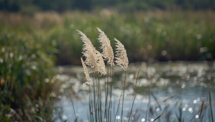 Reed flowers in a tranquil natural setting serving as a peaceful backdrop for environmental awareness, Earth Day