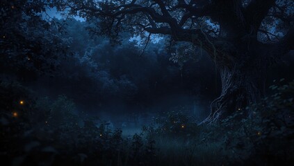 Fototapeta premium Nighttime woodland with ethereal illumination, creating an enchanting atmosphere for fantasy themes