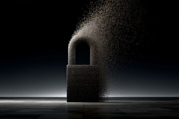 Conceptual floating padlock formed from tiny numeric particles, dissolving edges, illuminated by dramatic side light, showcasing a dark-tech aesthetic