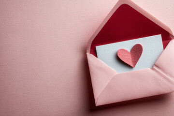 Open envelope with love letter and paper heart on soft pink background, minimalist design with copy space for Valentine's Day or anniversaries