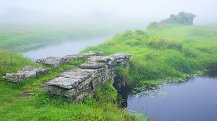 Fog covers an old stone bridge over water in a green landscape