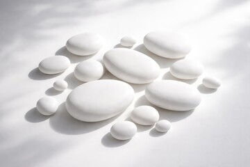 Flat lay display of smooth white stones on an immaculate white surface for elegant minimalism