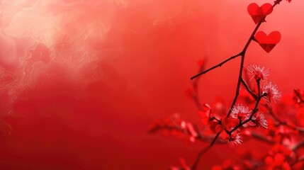 Valentine's Day, Red background with a branch featuring pink flowers and red heart shapes, copy space, free space for text