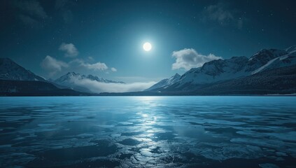 Naklejka premium Moonlit ice lake with reflective surface, highlighting seasonal erosion risk and natural scenery