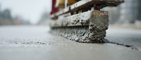 Closeup of concrete finishing machine smoothing wet concrete on an outdoor construction site, creating a smooth surface for a road or pavement