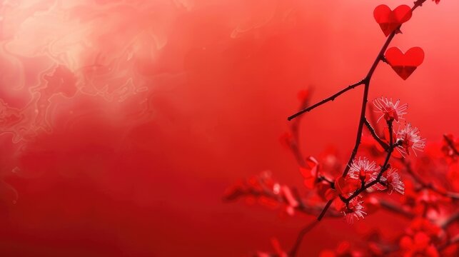 Valentine's Day, Red background with a branch featuring pink flowers and red heart shapes, copy space, free space for text