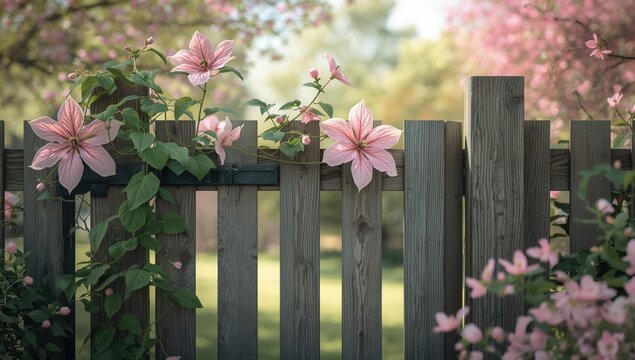 Pink clematis montana rubens growing on garden gate, seasonal flowering and garden maintenance
