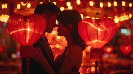 A young Asian man and a young woman with dark hair stand close together, silhouetted against red lanterns and warm lights, creating a romantic atmosphere