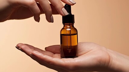 Female hands holding amber glass dropper bottle with serum on beige background