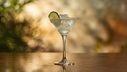 Refreshing gin gimlet with cucumber slice served in a chilled martini glass, focused on bartending display
