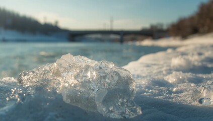 Close-up of ice hummocks on the river near the fairway under the bridge on a sunny day, highlighting natural landscape features and winter conditions