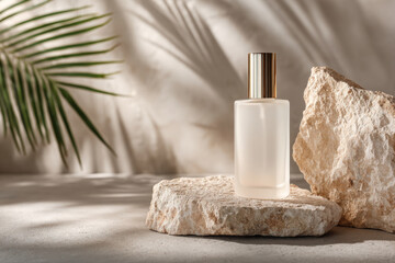 Elegant frosted glass cosmetic bottle sits on raw stone, bathed in soft sunlight, highlighting luxurious textures and eco-minimal aesthetic for beauty products