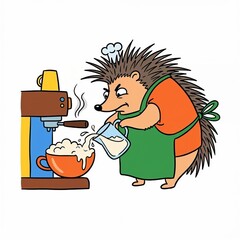 Cartoon hedgehog chef pouring milk into mixing bowl while baking  