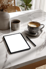 A modern tablet mockup with a stylus on an elegant workspace with a cup of coffee reflects the aesthetics of modern design.
