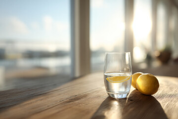Glass of water with lemon on a wooden table, illuminated by serene morning light, creating a tranquil and healthy lifestyle atmosphere