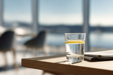 Minimalist lifestyle scene with a glass of water and lemon on a wooden table, bathed in serene morning light, evoking a peaceful morning routine