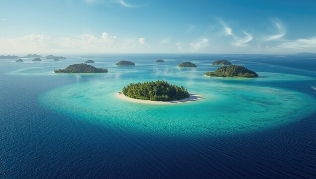 Bird's-eye perspective of isolated atoll islands in an archipelago, highlighting environmental features
