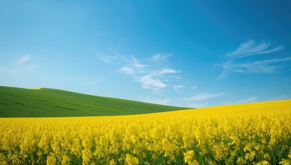 Obraz premium Canola flowers blooming in a green landscape with a clear sky, used as a nature-themed backdrop for design projects, spring