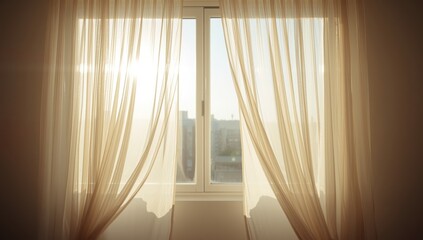Clear curtains in front of frosted plastic window panels filter bright morning summer sunlight, suitable for UI or editorial backgrounds