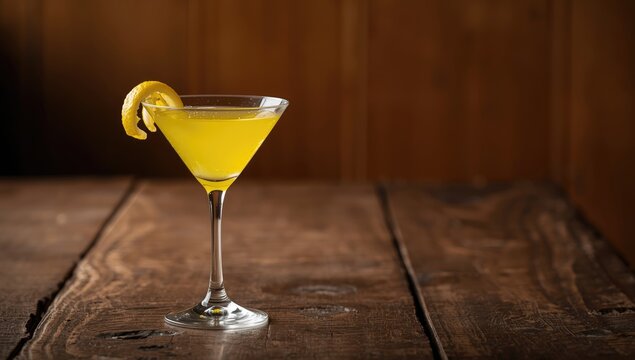 Lemon drop martini glass garnished with zest, positioned on a table for drink preparation setting.