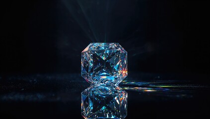Refraction and holographic display of a crystal cube on dark background, suitable for visual effects and graphic layouts
