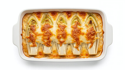 Top View of Belgian Chicons au Gratin on White Background