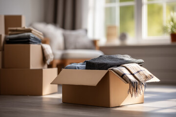 Modern living room with moving boxes and soft textiles, showcasing bright natural light and clean architectural lines for a cozy atmosphere