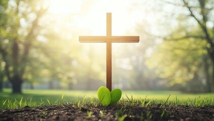 Religious symbols including a cross and a heart-shaped leaf on a vivid backdrop, symbolizing faith and rebirth