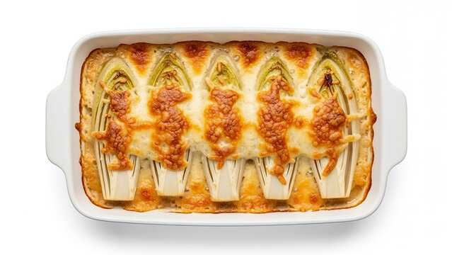 Top View of Belgian Chicons au Gratin on White Background