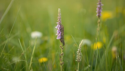 Fototapeta premium Buckeye Butterfly caterpillar feeding on Purple False Foxglove, emphasizing pollination in a wetland meadow