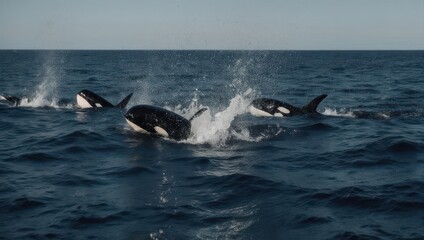 Obraz premium Pod of Orcas Splashing and Swimming in the Deep Blue Ocean Waters.