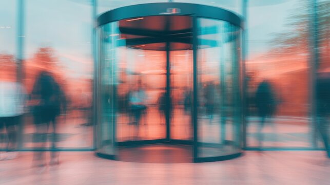 People entering a building through a revolving door in the evening